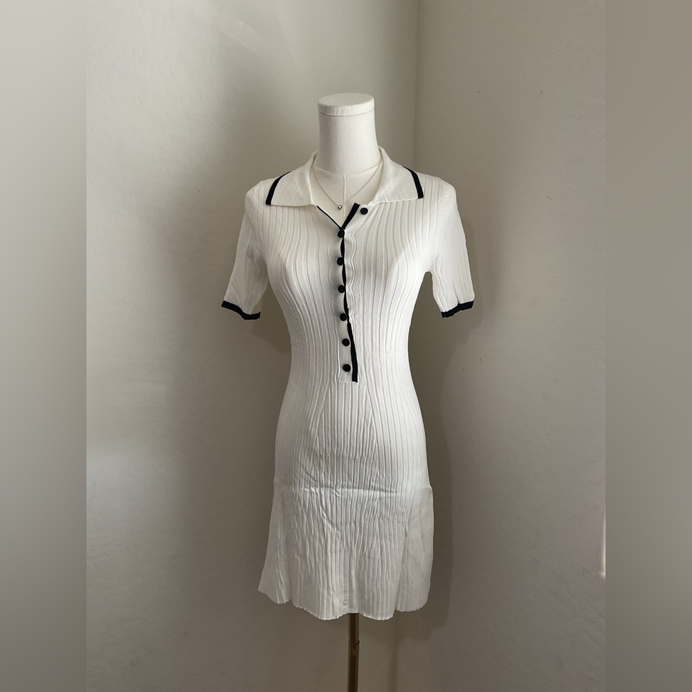 White Ribbed Dress with Black Trim